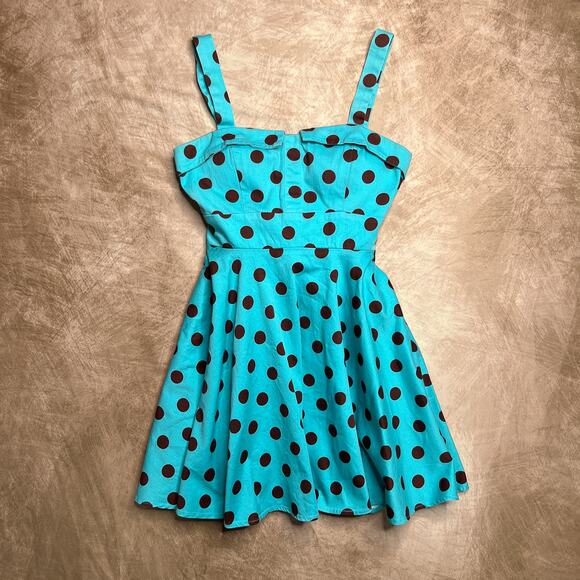 Vintage Y2K IXIA Polka Dot Rockabilly Mini Swing Dress Fit & Flare Blue Mod Twee - Picture 2 of 7